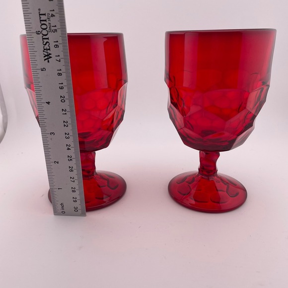Vintage Ruby Red Glass Georgian Goblets Set of 2 Faceted Water Wine 6in - Picture 2 of 3